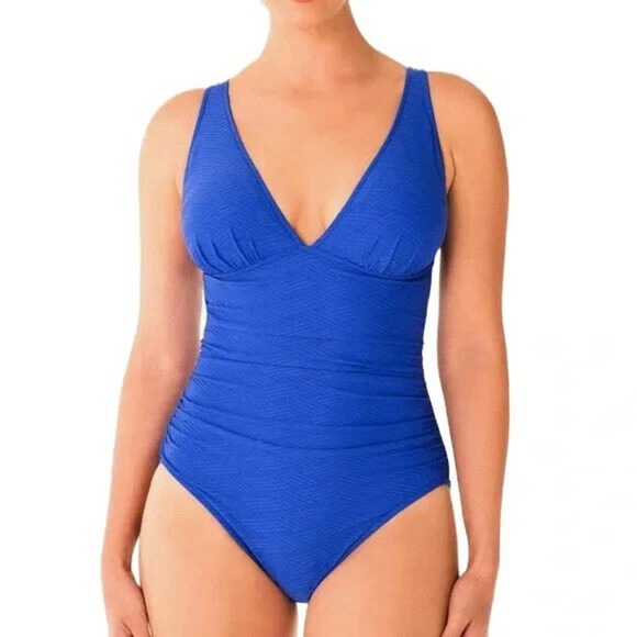 NWT Swim Solutions Royal Blue‎ Textured Plunge One Piece Swimsuit 18 - Picture 1 of 2